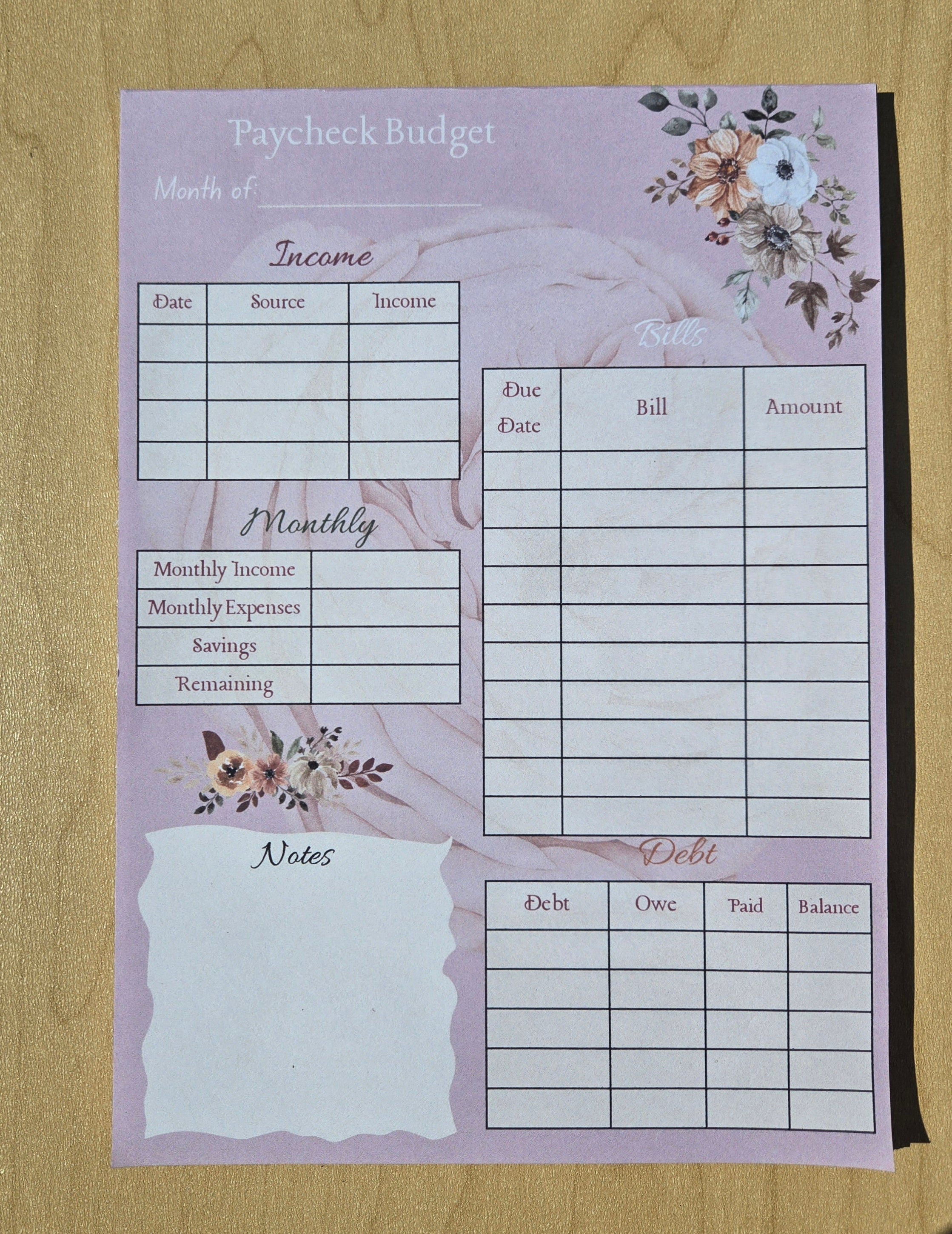 Dusty Rose Floral Paycheck Tracker